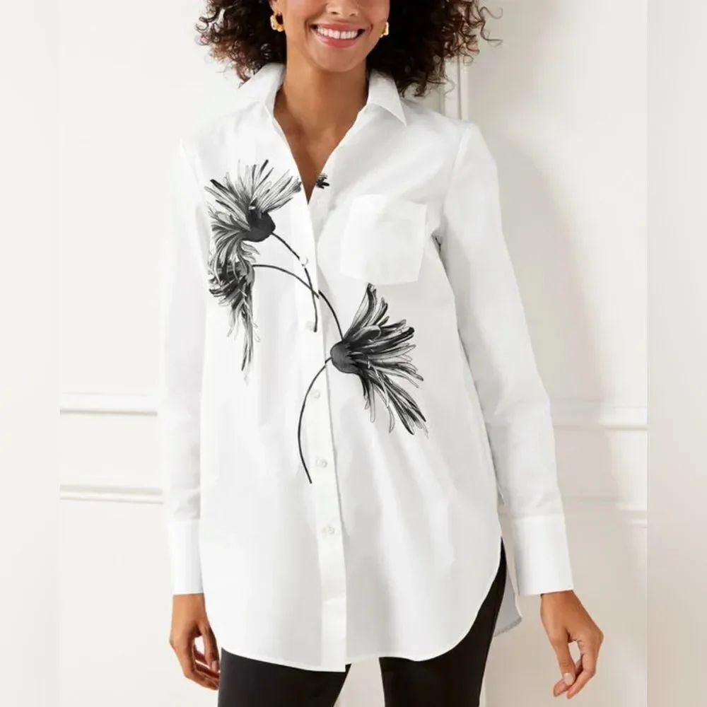 Talbots Tunic Top Button Up Long Sleeves w/Chrysanthemums XS